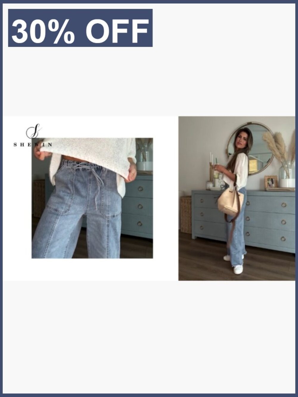 High Waisted Wide Leg Baggy Jeans with Drawstring and Raw Hem Stretchy Denim - Picture 7 of 7